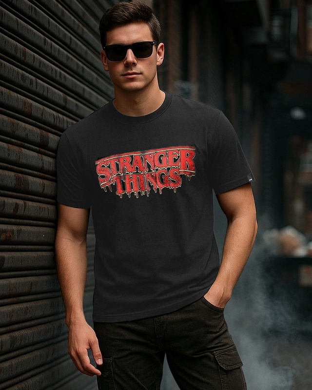 Shop Men's Jet Black Stranger Things Typography T-shirt-Front