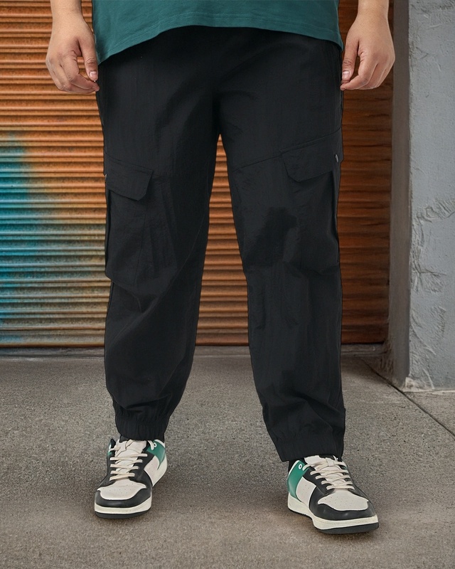 Shop Men's Jet Black Super Loose Fit Plus Size Cargo Jogger Pants-Front