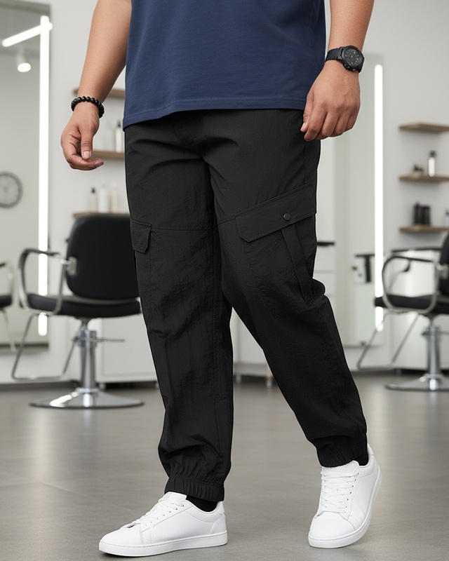 Men's Jet Black Super Loose Fit Plus Size Cargo Jogger Pants-Front Bewakoof Shop Men's Jet Black Super Loose Fit Plus Size Cargo Jogger Pants-Front