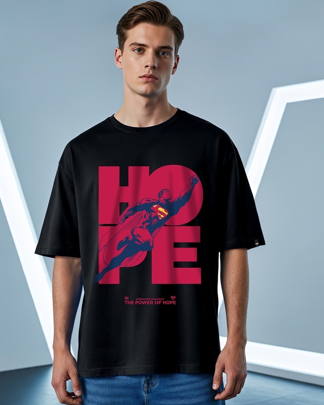 Shop Men's Jet Black Superman Graphic Printed Oversized T-shirt-Front