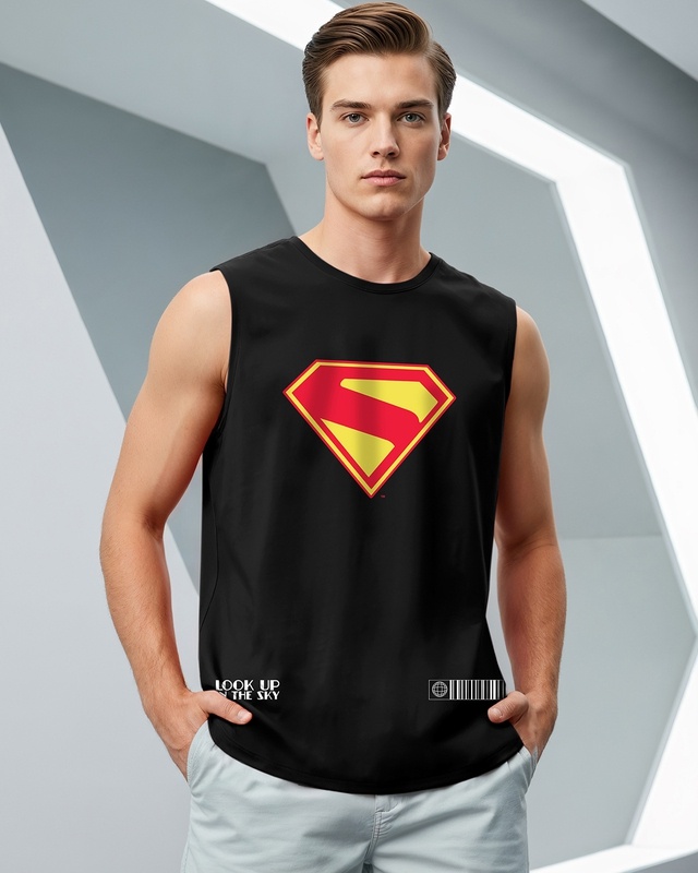 Shop Men's Jet Black Superman Logo Graphic Printed Oversized Vest-Front