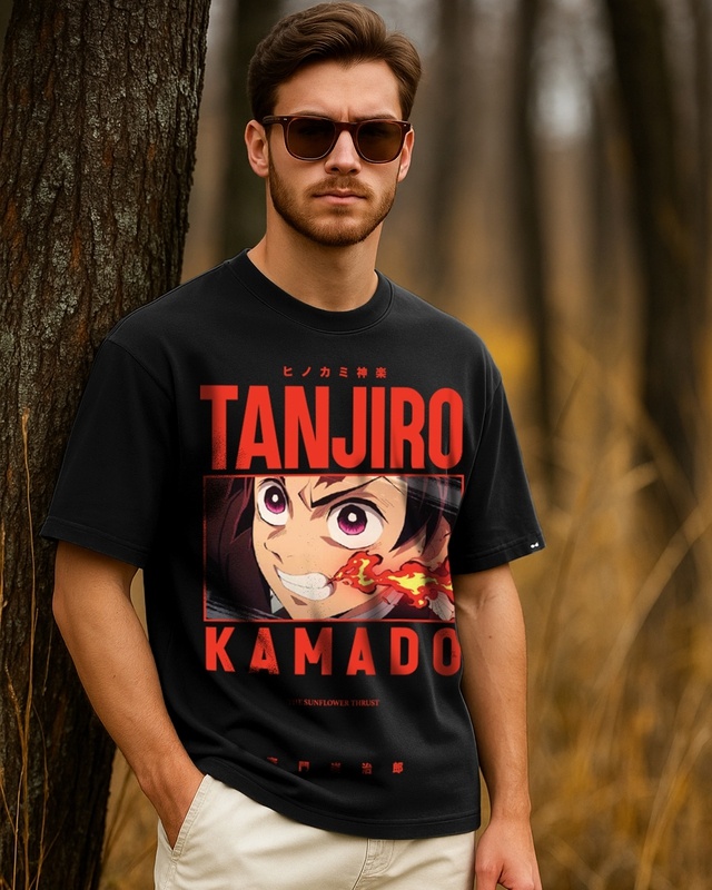 Shop Men's Jet Black Tanjiro Fire Breathing Graphic Printed Oversized T-shirt-Front