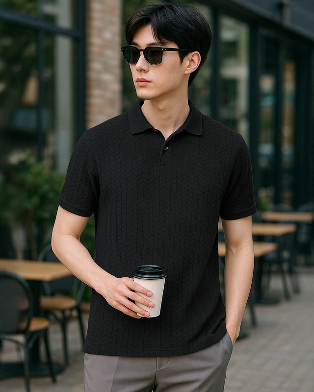 Shop Men's Jet Black Textured Korean Polo T-shirt-Front