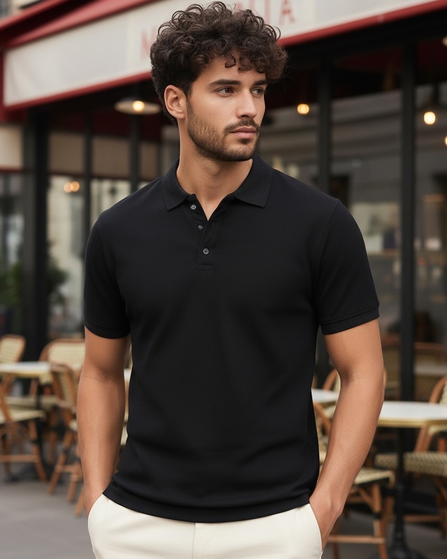 Shop Men's Jet Black Textured Polo T-shirt-Front