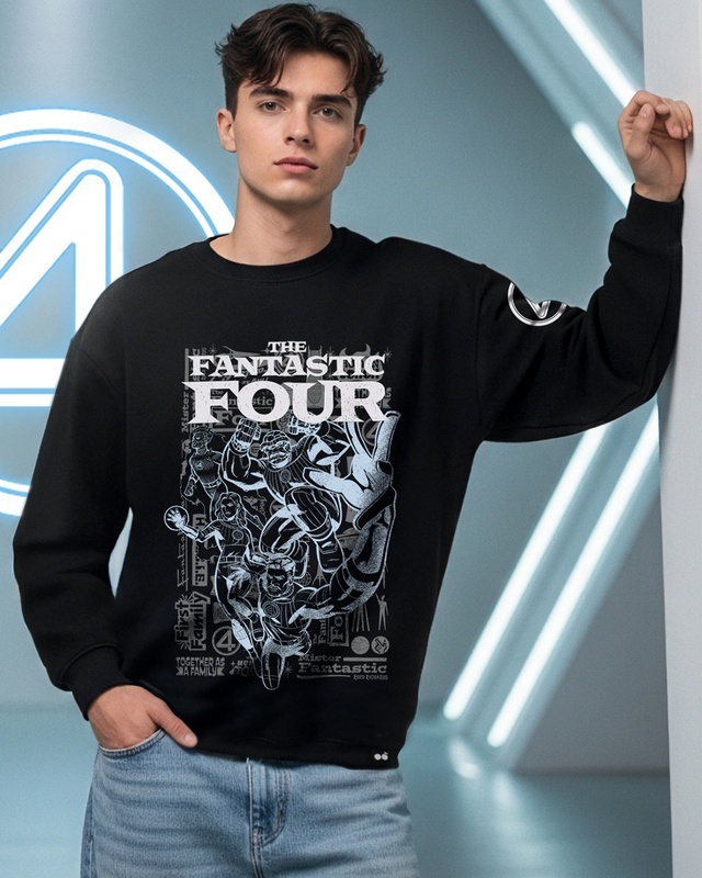 Shop Men's Jet Black The Four Graphic Printed Oversized T-shirt-Front
