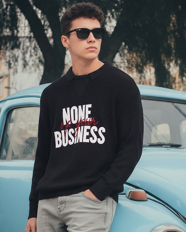 Shop Men's Jet Black Typography Oversized Polo Sweater-Front