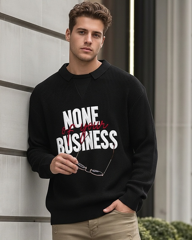 Shop Men's Jet Black Typography Oversized Polo Sweater-Front