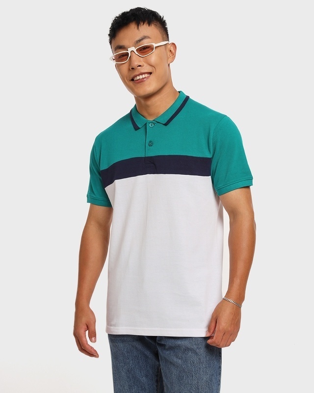 Shop Men's Green & Black Color Block Polo T-shirt-Front