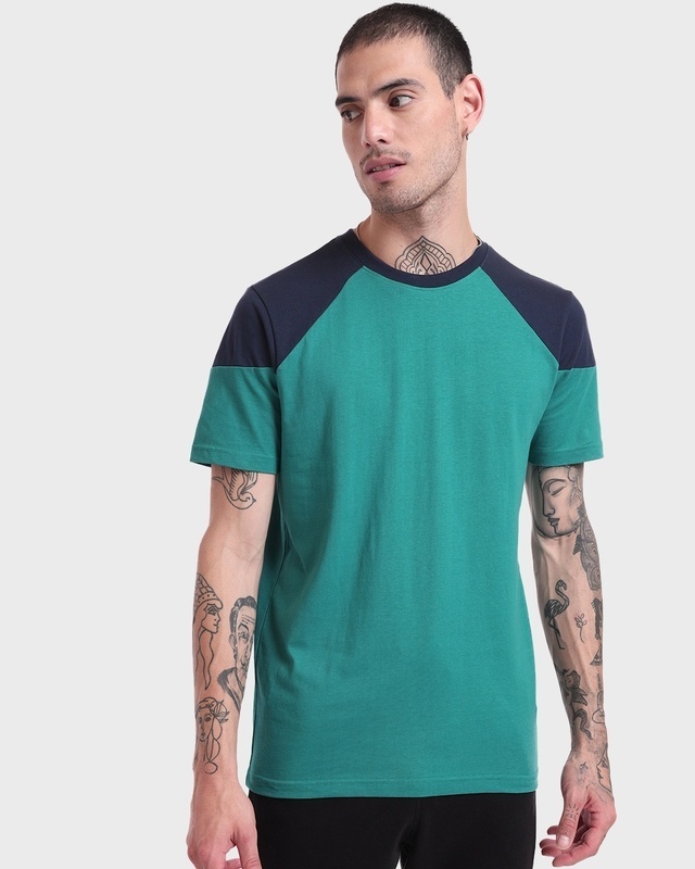 Shop Men's Green & Blue Color Block T-shirt-Front