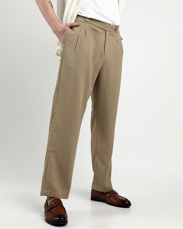 Shop Men's Khaki Brown Textured Pants-Front