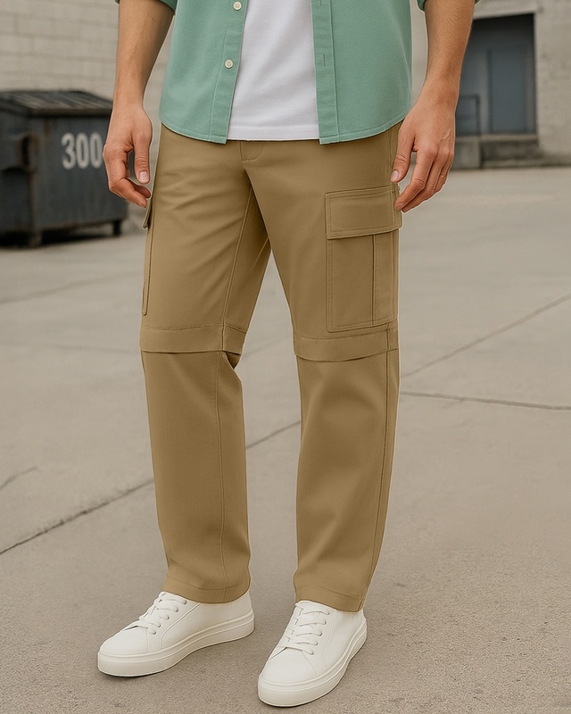 Shop Men's Khaki Zip-Off Convertible Cargo Pants-Front