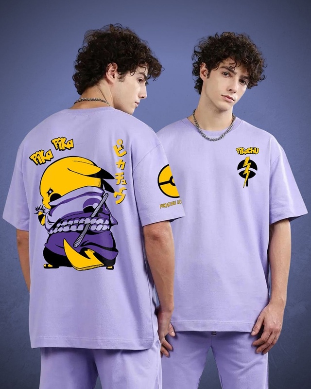 Shop Men's Lavender Pikasuke Graphic Printed Oversized T-shirt-Front