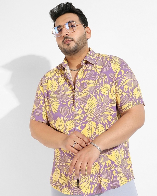 Shop Men's Lavender & Yellow All Over Printed Plus Size Shirt-Front