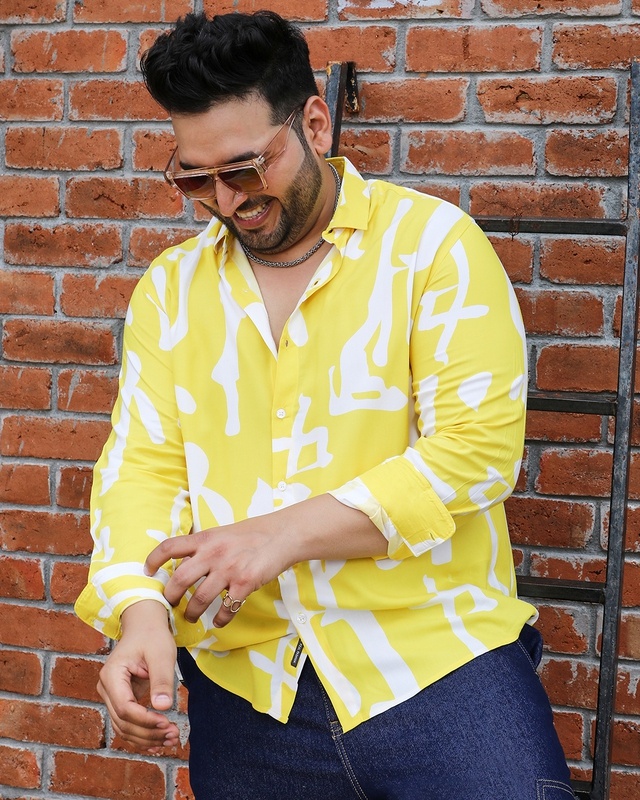 Men's Lemon Yellow & White Abstract Printed Oversized Plus Size Shirt