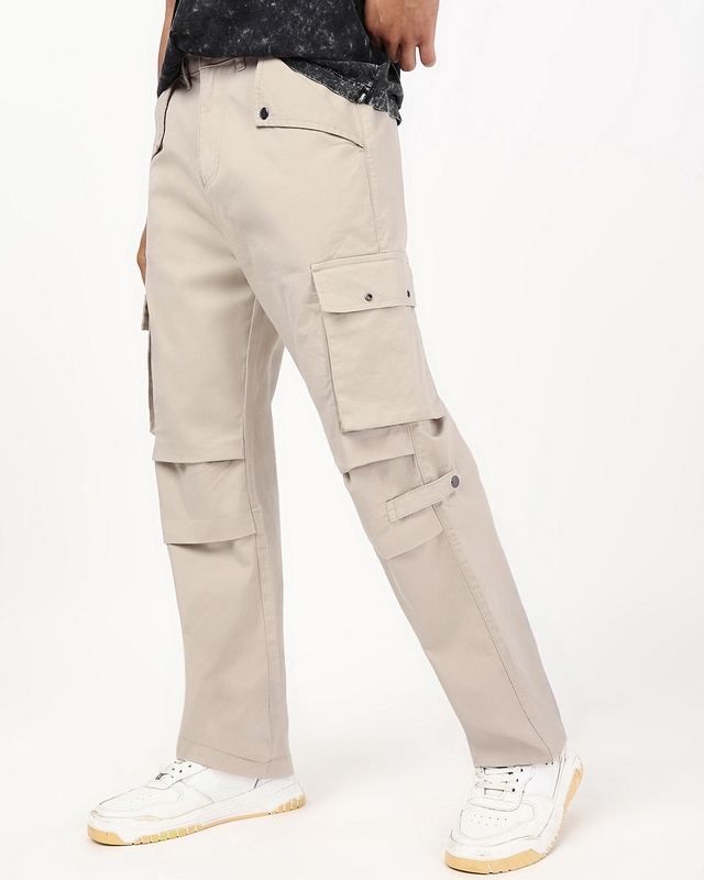 Shop Men's Light Beige Straight Fit Cargo Pants-Front