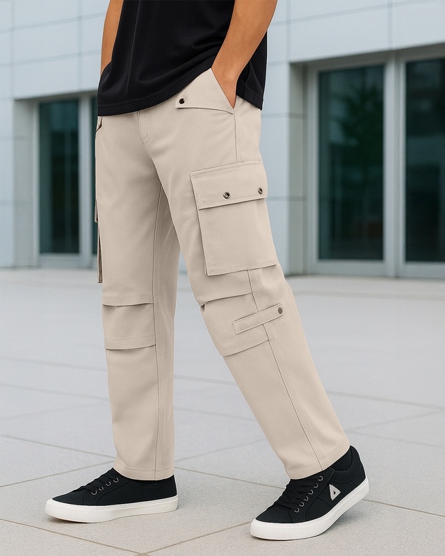 Shop Men's Light Beige Straight Fit Cargo Pants-Front