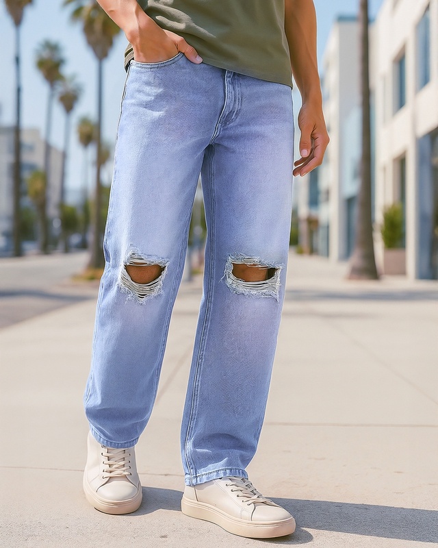 Shop Men's Light Blue Baggy Fit Distressed Mid-Rise Jeans-Front