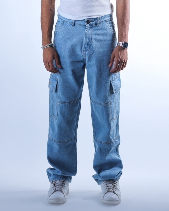 Shop Men's Light Blue Relaxed Fit Cargo Jeans-Front