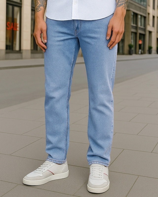 Shop Men's Light Blue Slim Straight Fit Stretchable Mid-Rise Jeans-Front