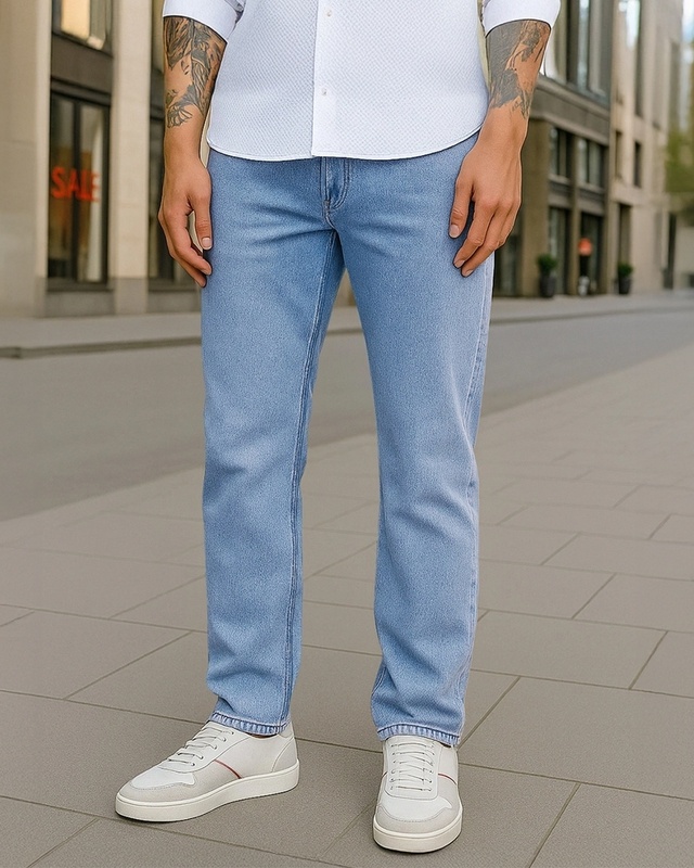 Shop Men's Light Blue Slim Straight Fit Stretchable Mid-Rise Jeans-Front