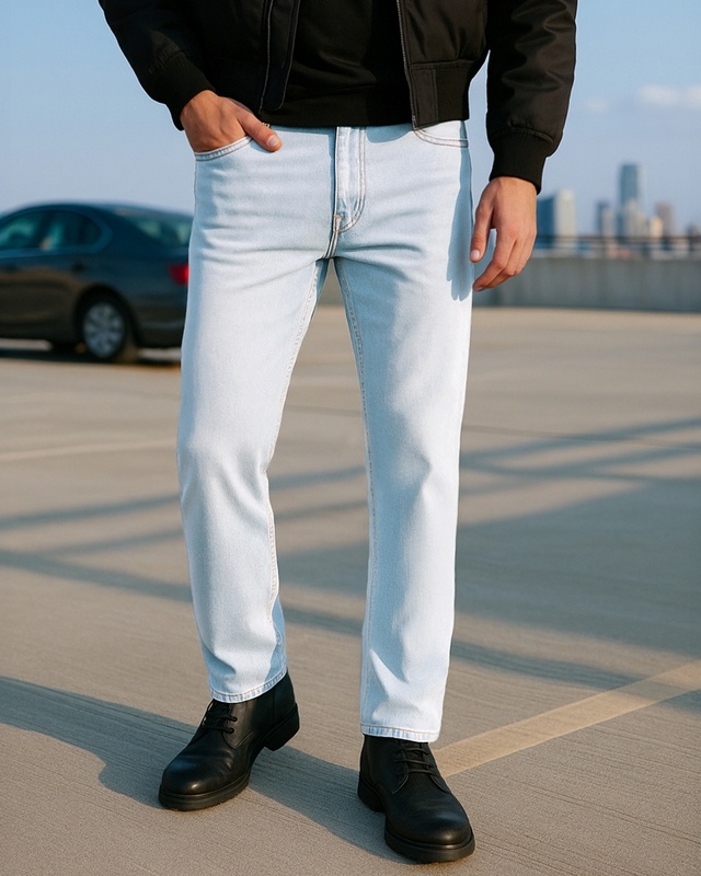Shop Men's Light Blue Slim Straight Fit Stretchable Washed Mid-Rise Jeans-Front