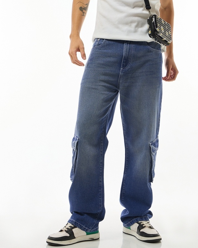 Shop Men's Light Blue Straight Fit Cargo Jeans-Front