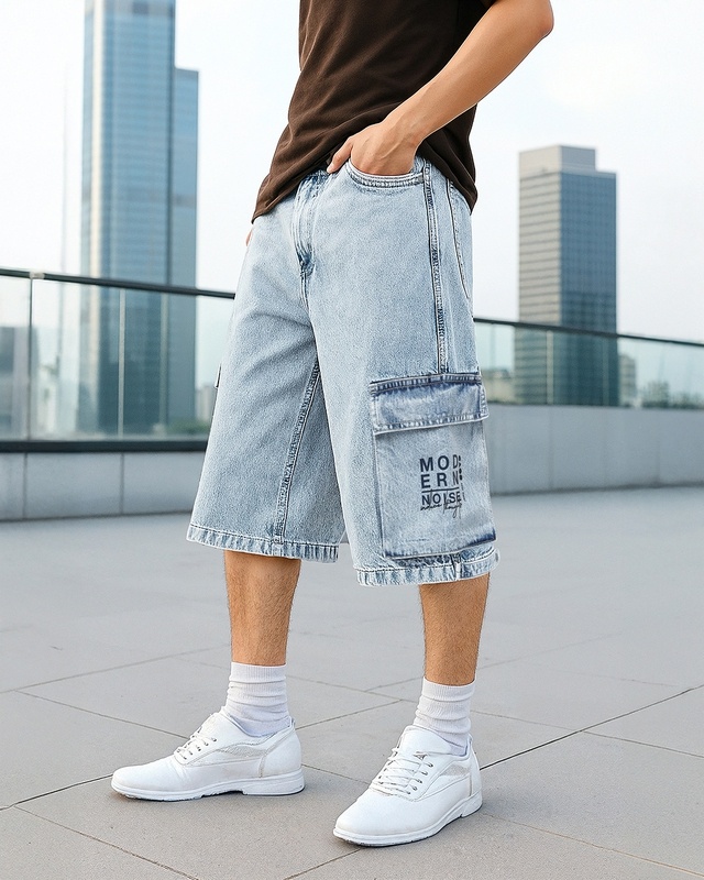 Shop Men's Light Blue Washed Baggy Fit Cargo Shorts-Front