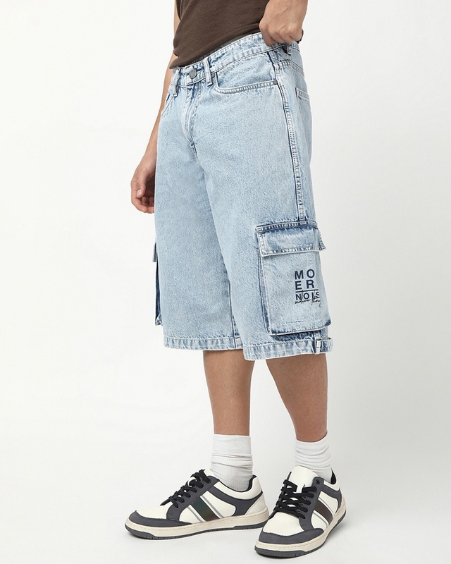 Shop Men's Light Blue Washed Straight Fit Cargo Shorts-Front