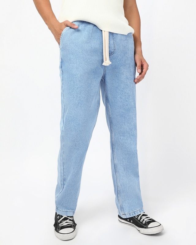 Shop Men's Light Blue Washed Straight Fit Mid-Rise Jeans-Front