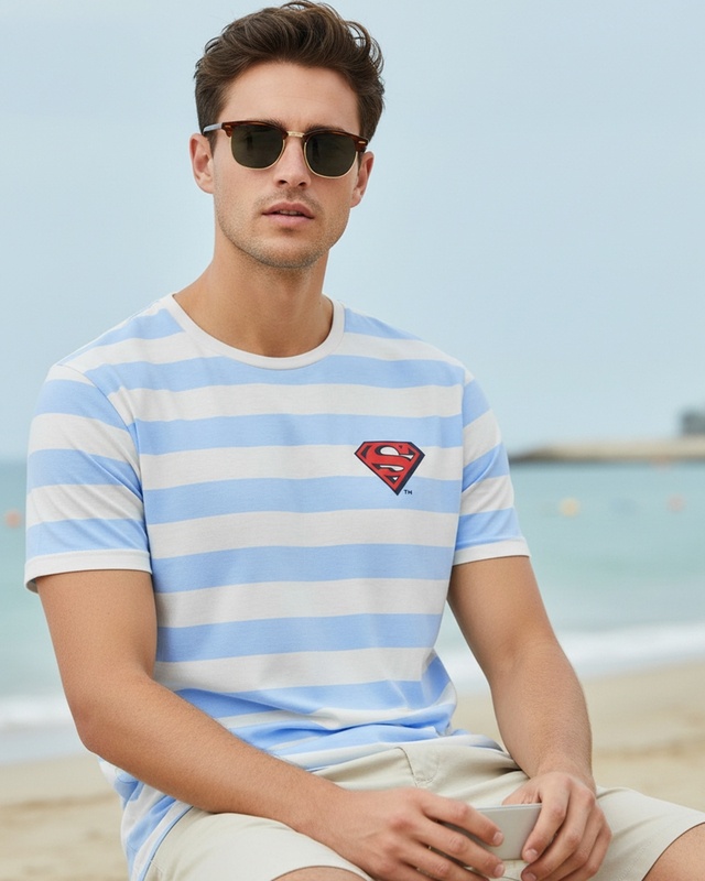 Shop Men's Light Blue & White Striped T-shirt-Front