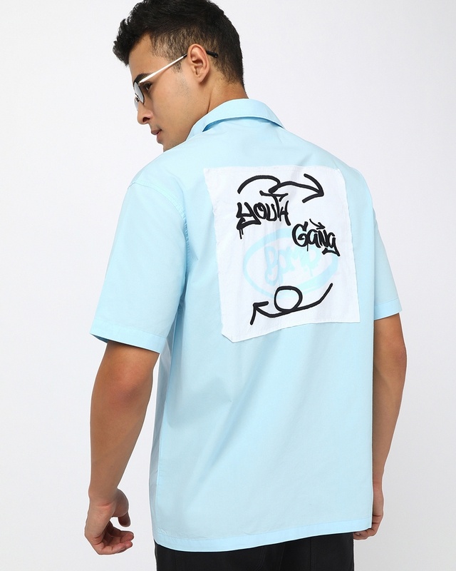 Shop Men's Light Blue Youth Gang Graphic Printed Oversized Shirt-Front