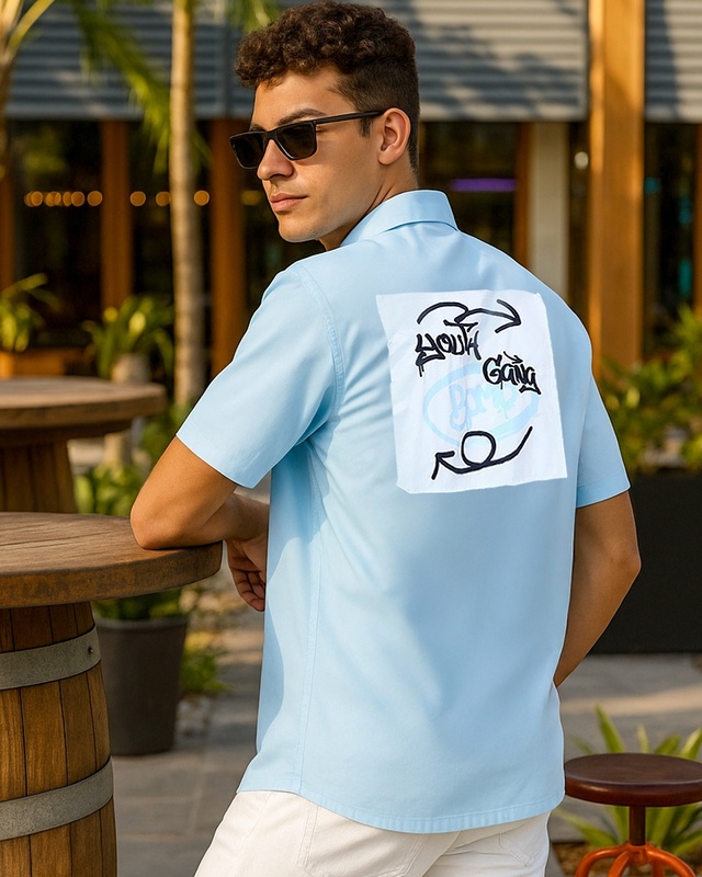 Shop Men's Light Blue Youth Gang Graphic Printed Oversized Shirt-Front