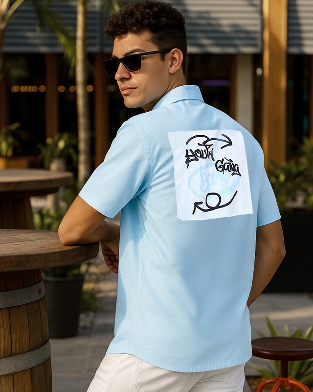 Shop Men's Light Blue Youth Gang Graphic Printed Oversized Shirt-Front