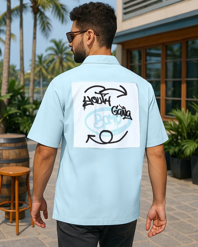 Shop Men's Light Blue Youth Gang Graphic Printed Oversized Shirt-Front