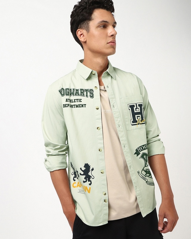 Shop Men's Light Green Graphic Printed Shirt-Front