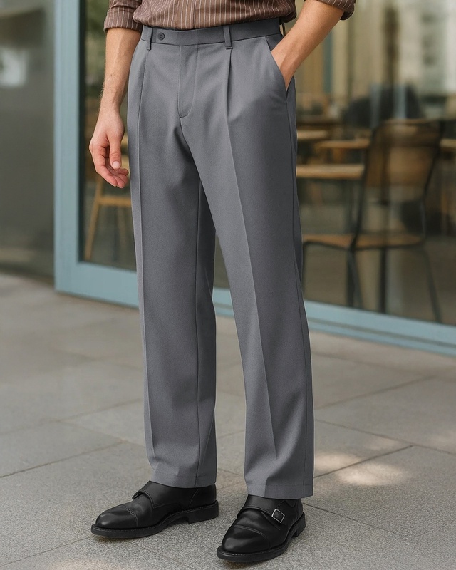 Shop Men's Light Grey Loose Fit Korean Pants-Front