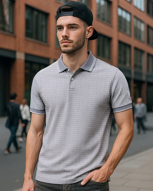Shop Men's Light Grey Micro Geometric Printed Polo T-shirt-Front