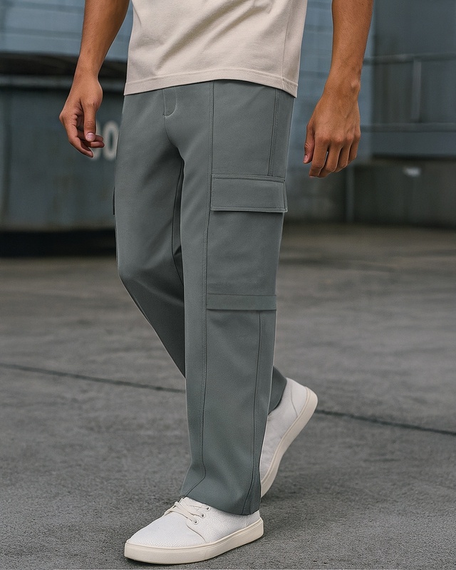 Shop Men's Light Grey Oversized Cargo Pants-Front