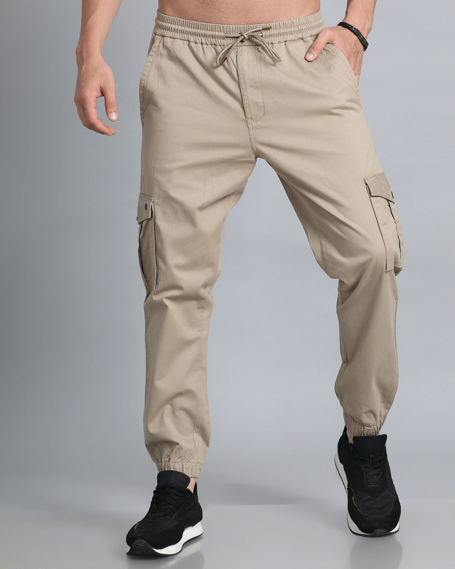 Shop Men's Light Khaki Slim Fit Cargo Joggers-Front