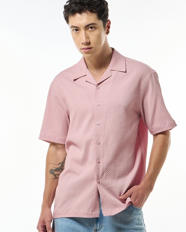 Shop Men's Light Pink Textured Oversized Shirt-Front