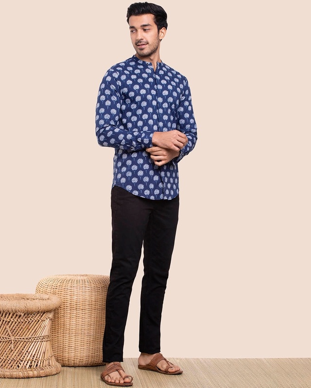 Shop Men's Mandarin Collar Relaxed Fit Shirt-Front