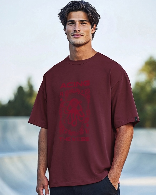 Shop Men's Maroon Aceing The Mess Graphic Printed Oversized T-shirt-Front