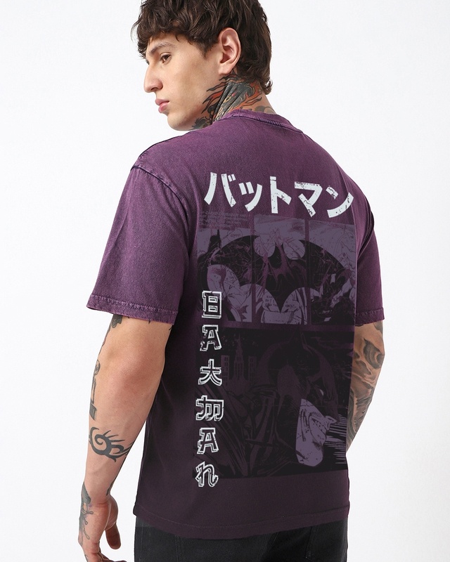Shop Men's Wine Plum Purple Batman Graphic Printed Oversized Ombre Acid Wash T-shirt-Front