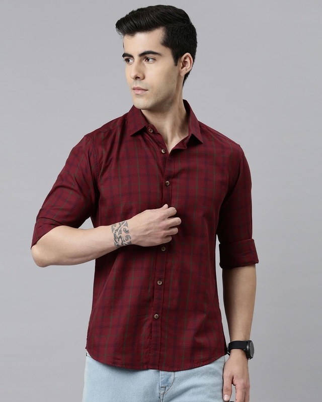 Shop Men's Maroon Checked Slim Fit Shirt-Front