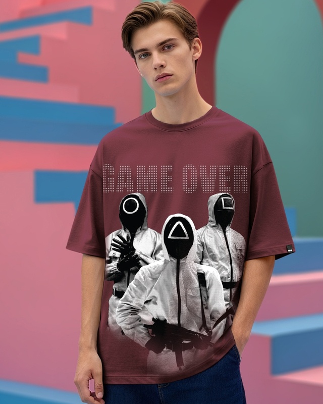 Shop Men's Maroon Game Over Graphic Printed Oversized T-shirt-Front