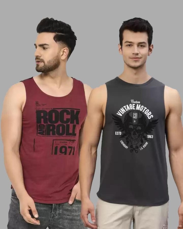 Shop Pack of 2 Men's Maroon & Grey Printed Slim Fit T-shirts-Front