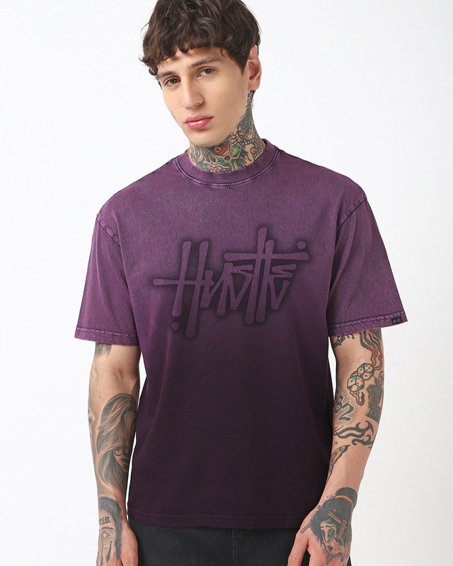 Shop Men's Wine Maroon Hustle Typography Oversized Ombre Acid Wash T-shirt-Front