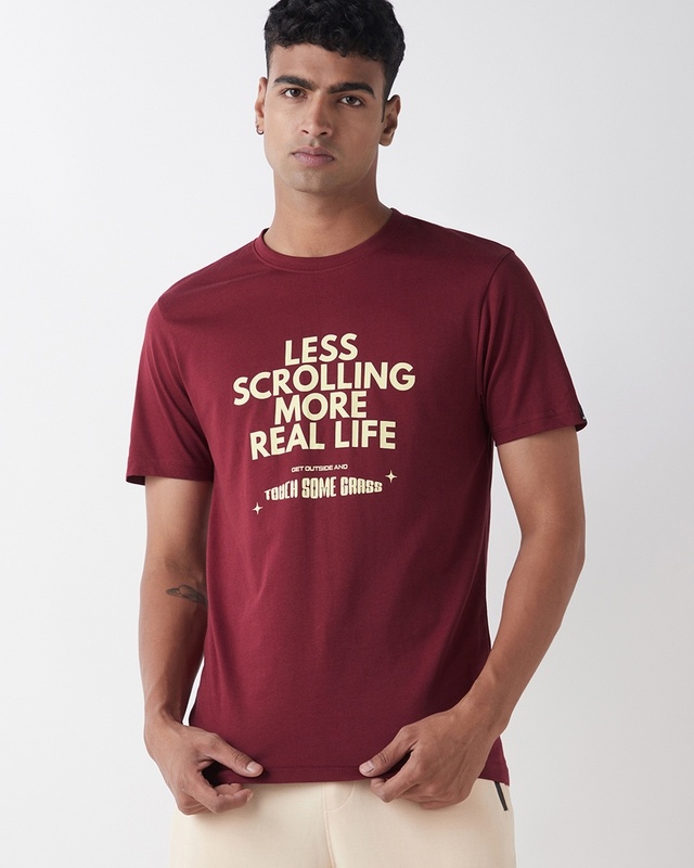 Shop Men's Maroon Less Scrolling More Real Life Typography T-shirt-Front