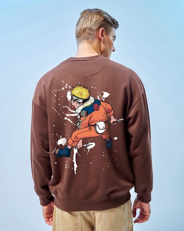 Shop Men's Brown Naruto Pose Graphic Printed Oversized Sweatshirt-Front