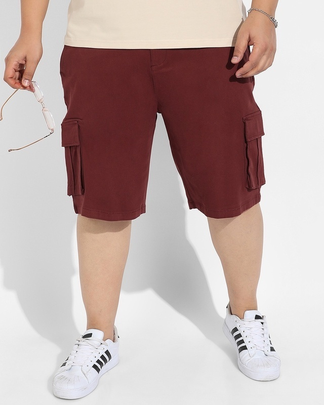 Shop Men's Maroon Oversized Plus Size Cargo Shorts-Front